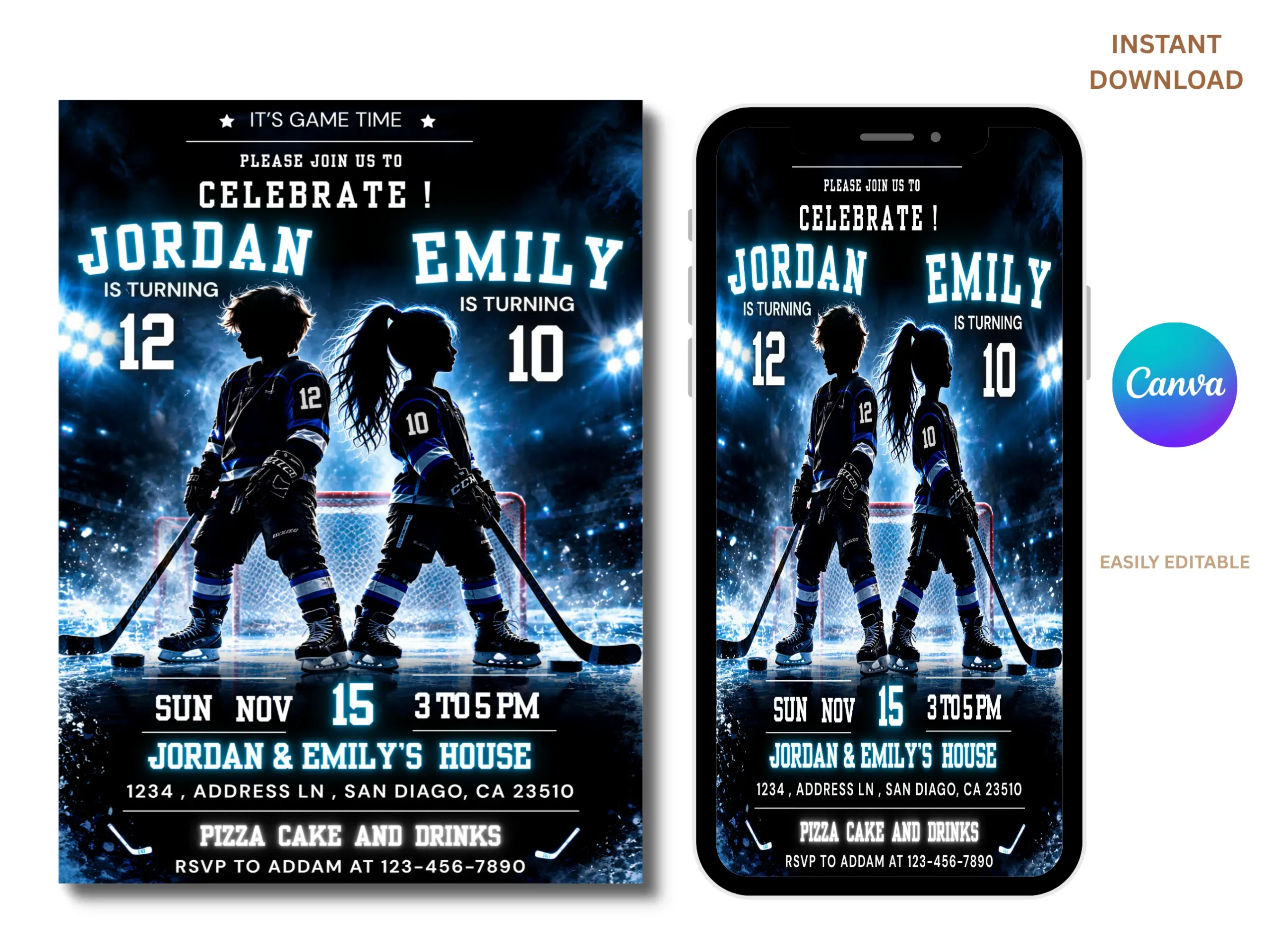 Joint Sibling Hockey Birthday Invitation Template | Sports Theme Editable Invite | Printable Digital Download - Image 2