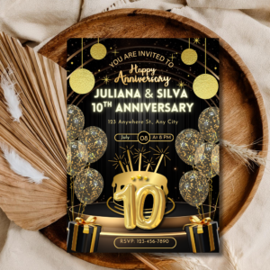 10th Anniversary Invitation Template | Black Gold Balloon Editable Invite | Elegant Celebration Design | Printable Digital Download