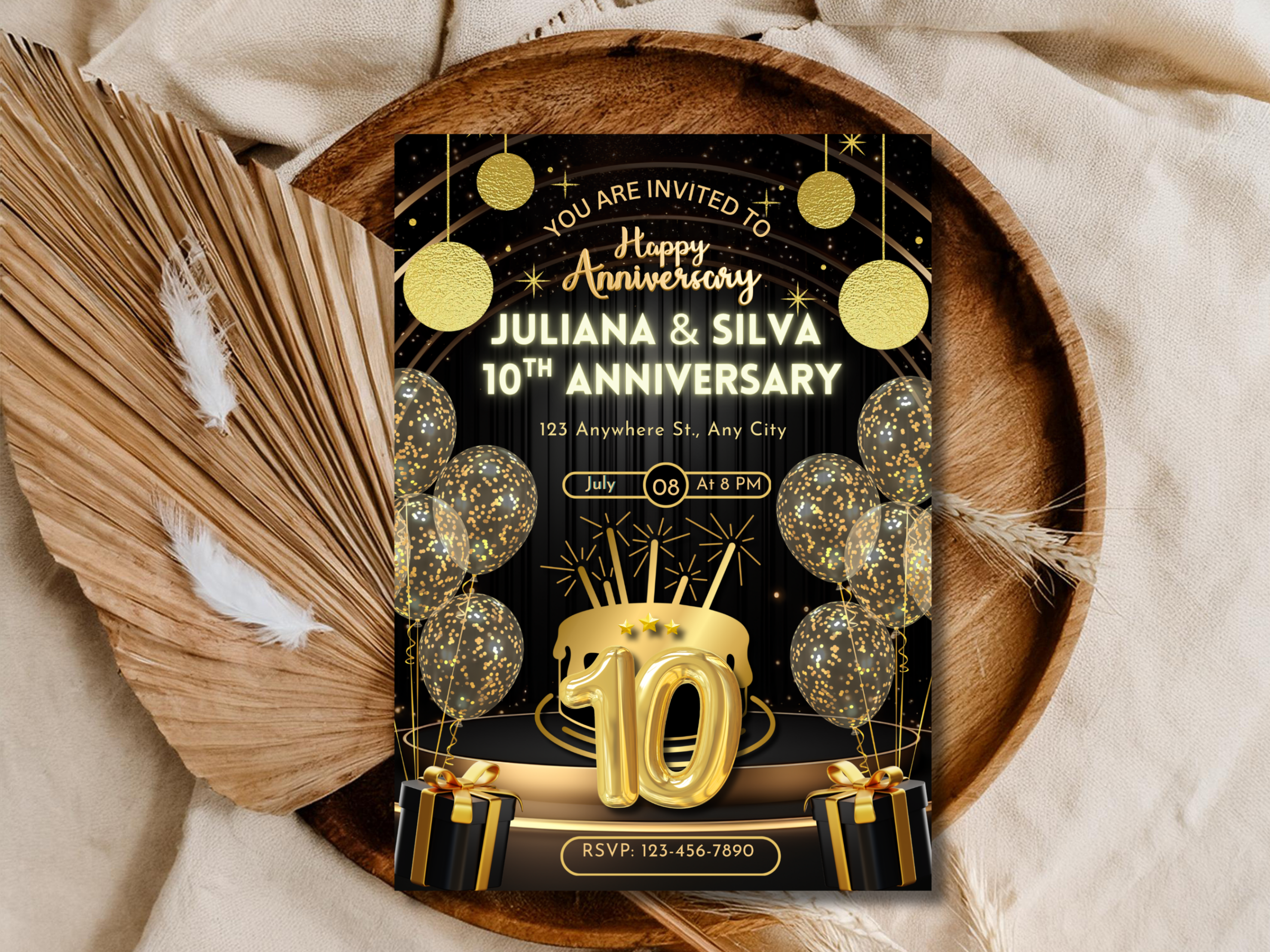 10th Anniversary Invitation Template | Black Gold Balloon Editable Invite | Elegant Celebration Design | Printable Digital Download