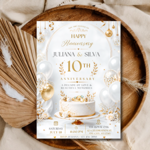 10th Anniversary Invitation Template | White Gold Cake Editable Invite | Elegant Wedding Anniversary Design | Printable Digital Download