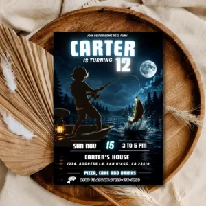 Fishing Birthday Invitation Template | Night Lake Outdoor Theme Editable Invite | Boy Birthday Design | Printable Digital Download