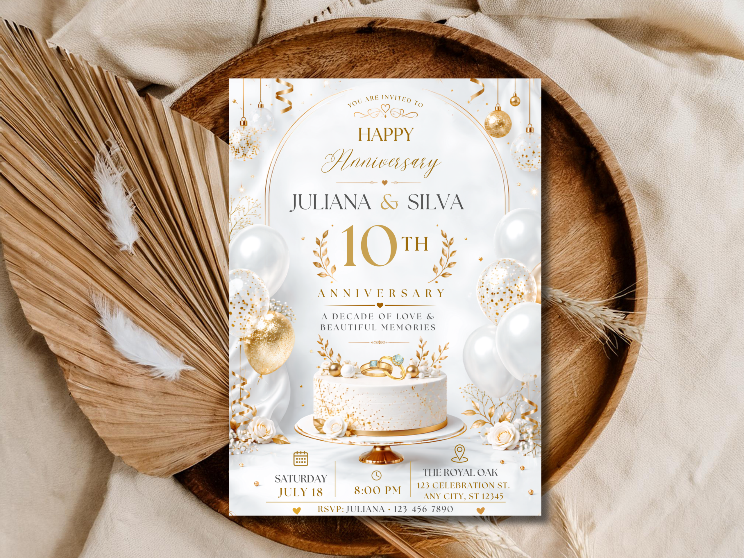10th Anniversary Invitation Template | White Gold Cake Editable Invite | Elegant Wedding Anniversary Design | Printable Digital Download