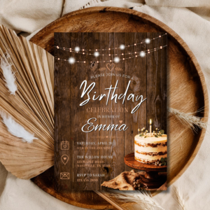 Rustic Birthday Invitation Template | Wood Cake String Lights Editable Invite | Cozy Aesthetic Design | Printable Digital Download