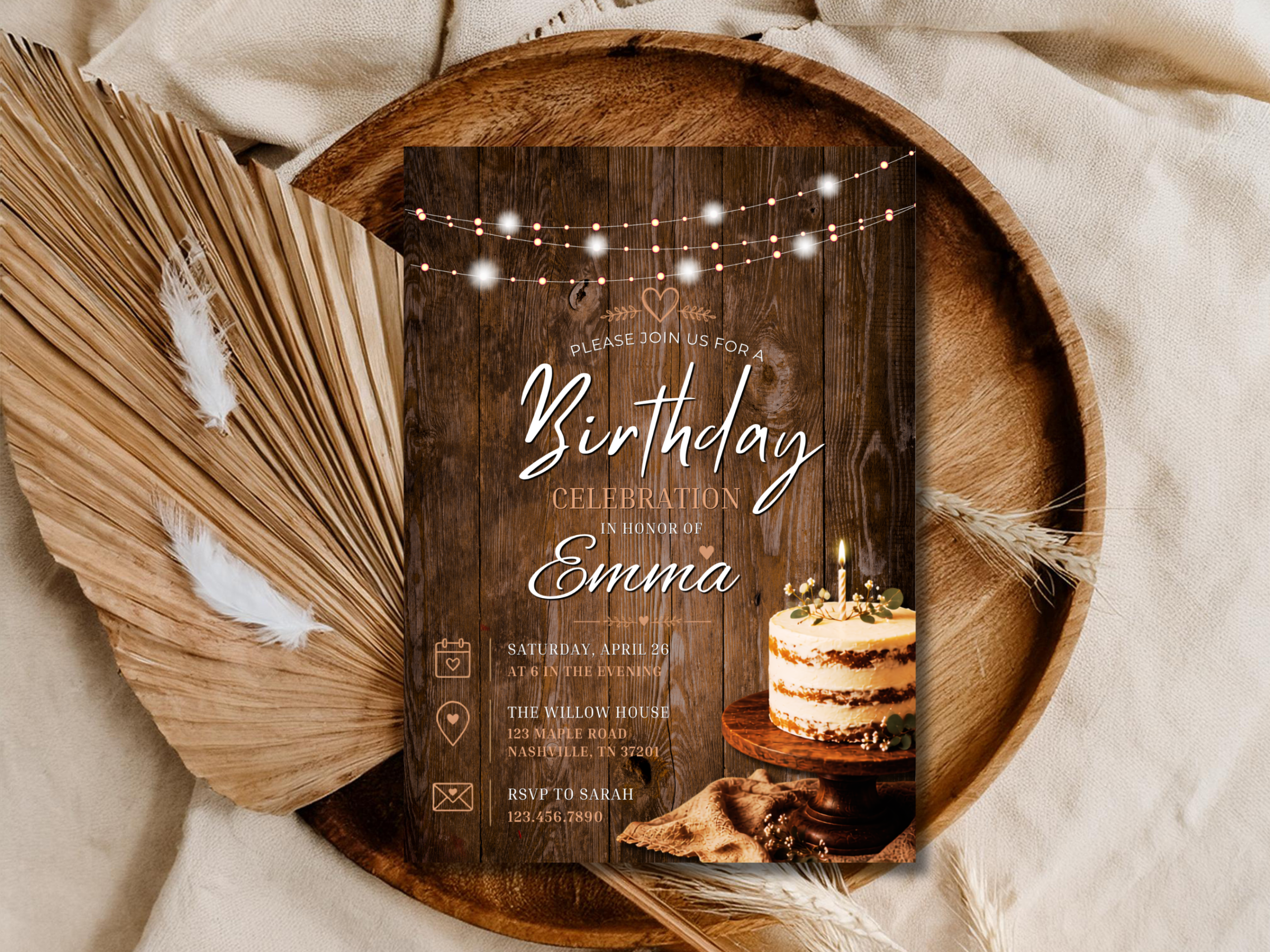 Rustic Birthday Invitation Template | Wood Cake String Lights Editable Invite | Cozy Aesthetic Design | Printable Digital Download