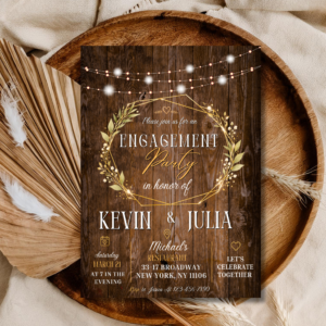 Engagement Party Invitation Template | Rustic Wood Gold Wreath Editable Invite | Cozy Elegant Design | Printable Digital Download