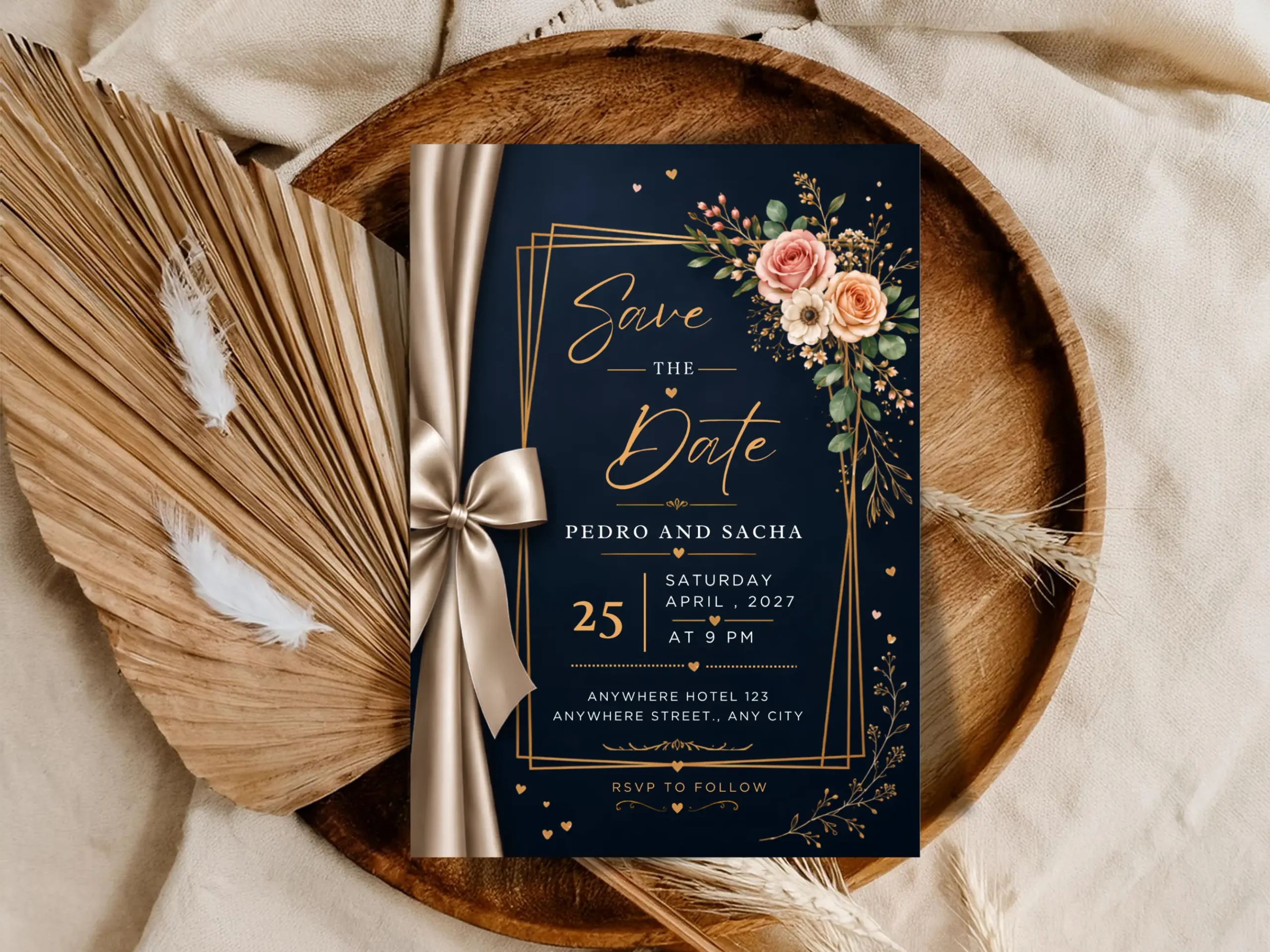 Wedding Save the Date Invitation Elegant Ribbon Editable Printable Instant Download Digital Announcement Card