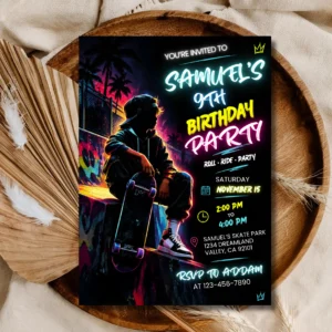 Neon Skateboard Birthday Invitation | Custom Skate Party Invite | Printable Digital