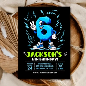 Boys 6th Birthday Invitation – Blue Pixel Number Lightning Party Invite Instant Download