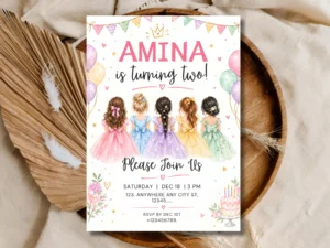 Princess 2nd Birthday Invitation Template – Editable Watercolor Pastel Girls Party Invite Printable