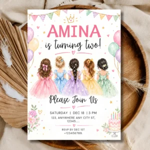 Princess 2nd Birthday Invitation Template – Editable Watercolor Pastel Girls Party Invite Printable